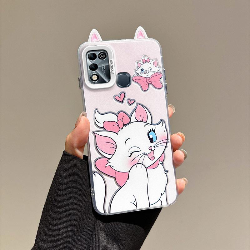 KEYSION Cute Ear Cartoon Case for Infinix Hot 11 Play with Lanyard Soft Silicone+PC Shockproof Phone Back Cover for Infinix Hot 10 9 Play