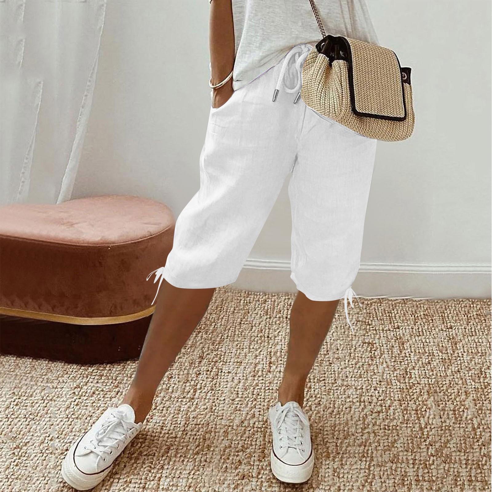 

Женские повседневные брюки с эластичным шнурком и карманами, повседневные брюки с пятью брюками на шнуровке S белый