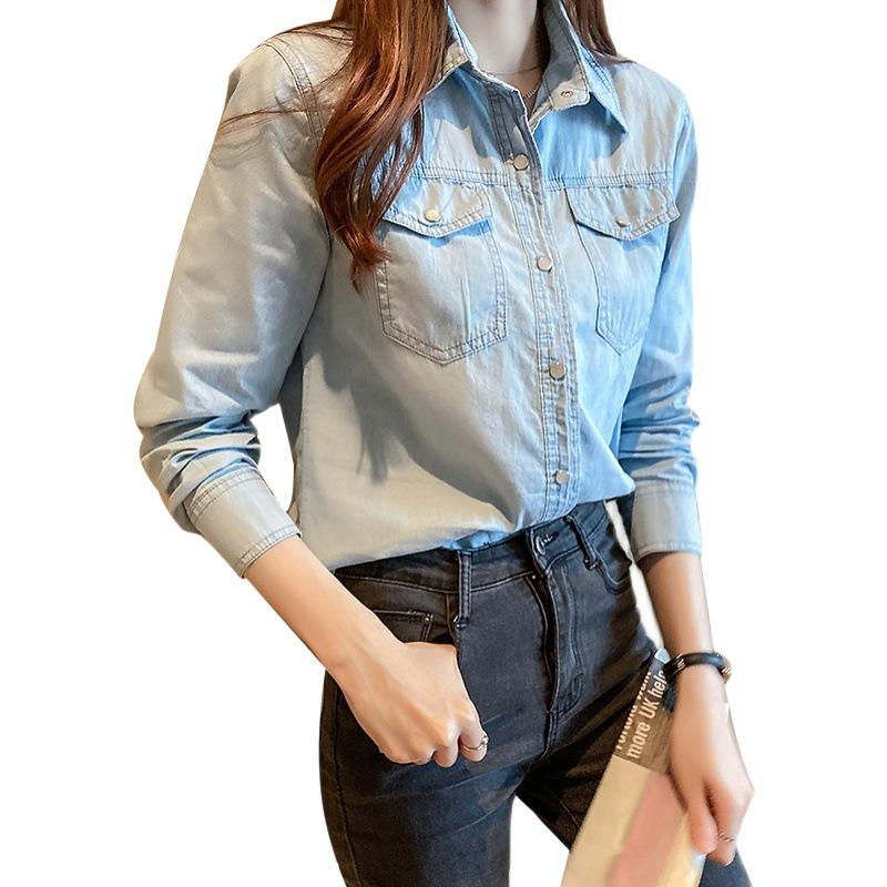 Camicia in denim da donna primaverile e autunnale. Top in denim alla moda slim a maniche lunghe con colletto POLO