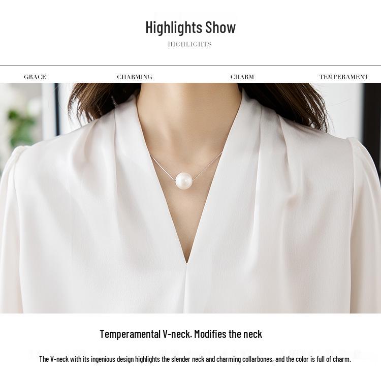 2026 Spring Women's High-End V-Neck Satin Chiffon Shirt - Elegant Mature Style for Autumn Commute