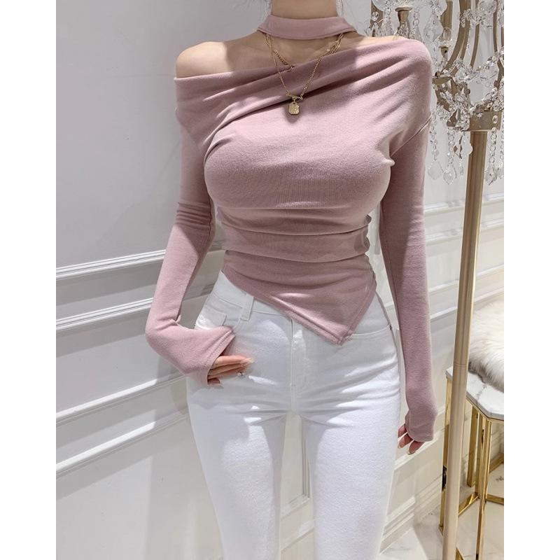 

Korean Women s Sexy One-Shoulder Ruffled Long-Sleeve Slim Fit Top with Lace-up Design One size рожевий