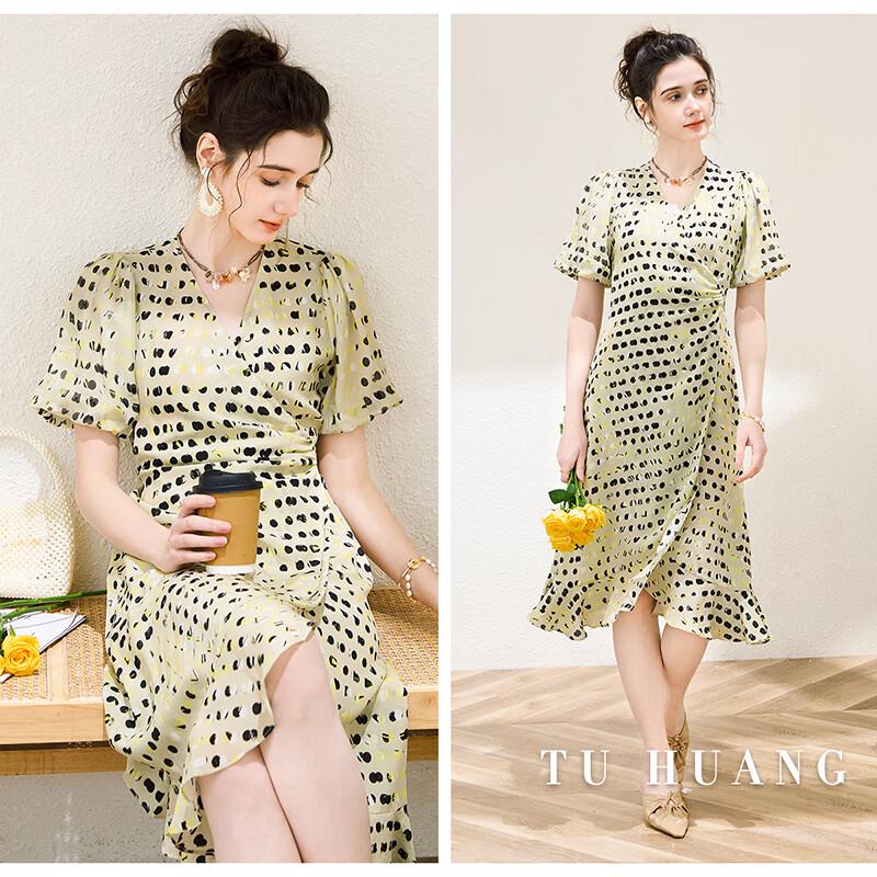 TUHUANG 100% Silk French Floral Puff Sleeve V-Neck Dress L