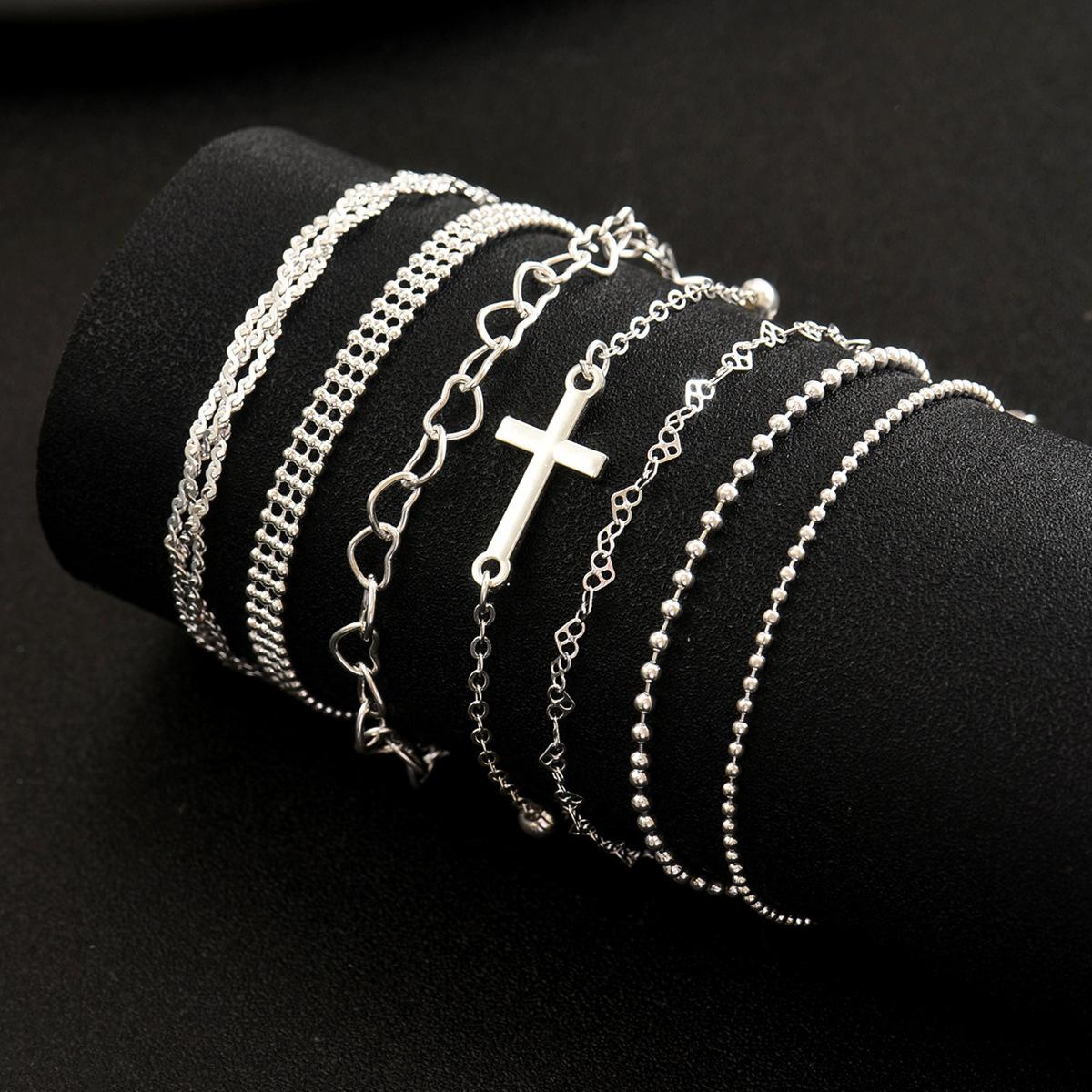 European and American retro multi-layer stacked bracelet 1-piece set, fashionable temperament cross love hollow jewelry set