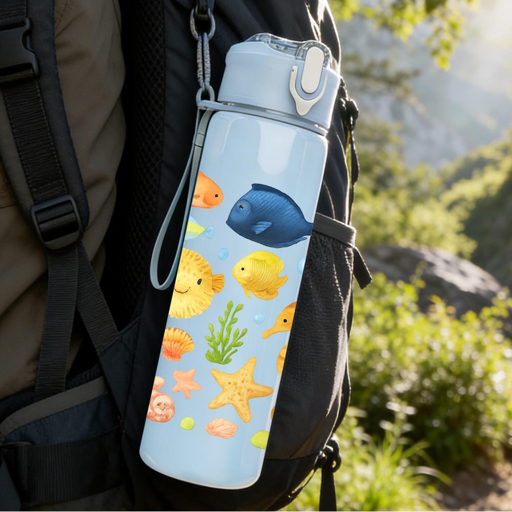 1 Stück Ozean Meeres Tier Muster 750ml Farbe Kunststoff Sport Wasserflasche Auslaufsicher Klappdeckel mit Strohhalm Geeignet für Sport Büro Zuhause