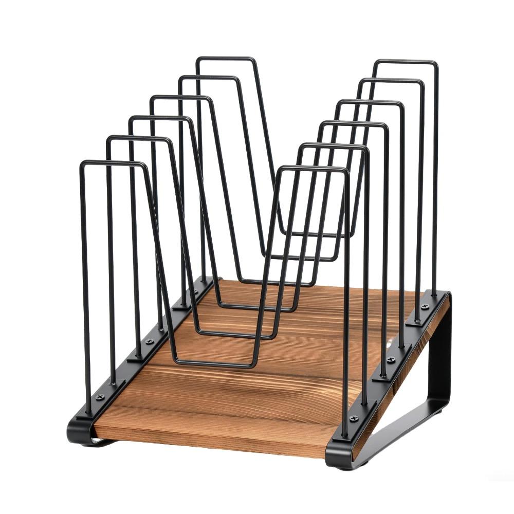 5-Section Inclined Desk File Organizer with Wooden Base Space Saving Metal File Sorter Rack Vertical Multifunctional