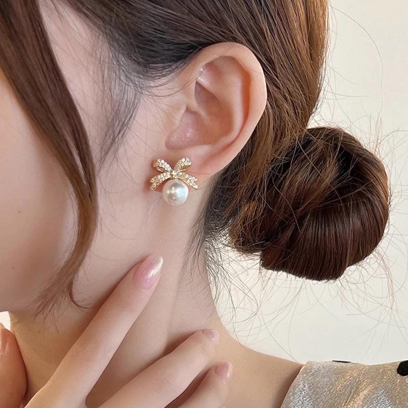 Bow Stud Earrings Lady, Lady Elegant Sweet Jewelry, Imitation Pearl Design