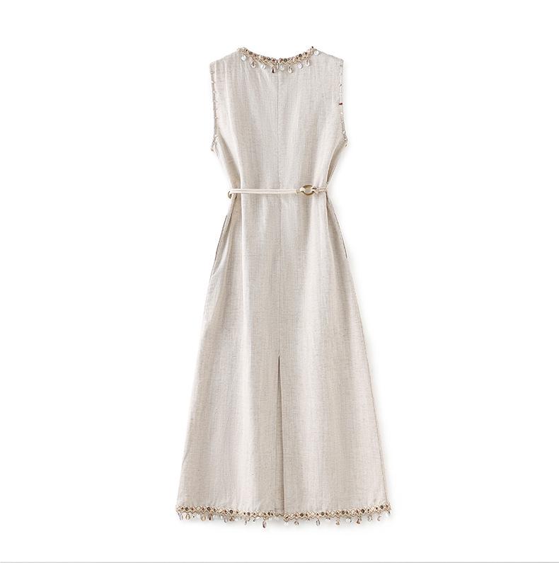 Ärmelloses Kleid im Bohemian-Stil aus Leinen-Tencel mit Muschel-Anhänger & Quaste für Damen