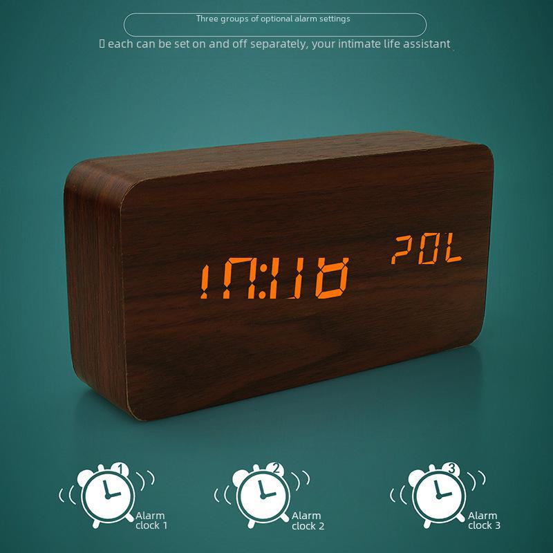 Simple LED Display Wooden Alarm Clock with Voice Control for Students and Children