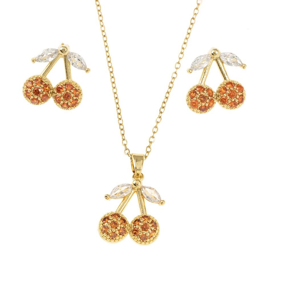 Crystal Necklace Earring Set Exquisite Cherry Necklace Set Rhinestone Cherry Jewelry Suit  Women