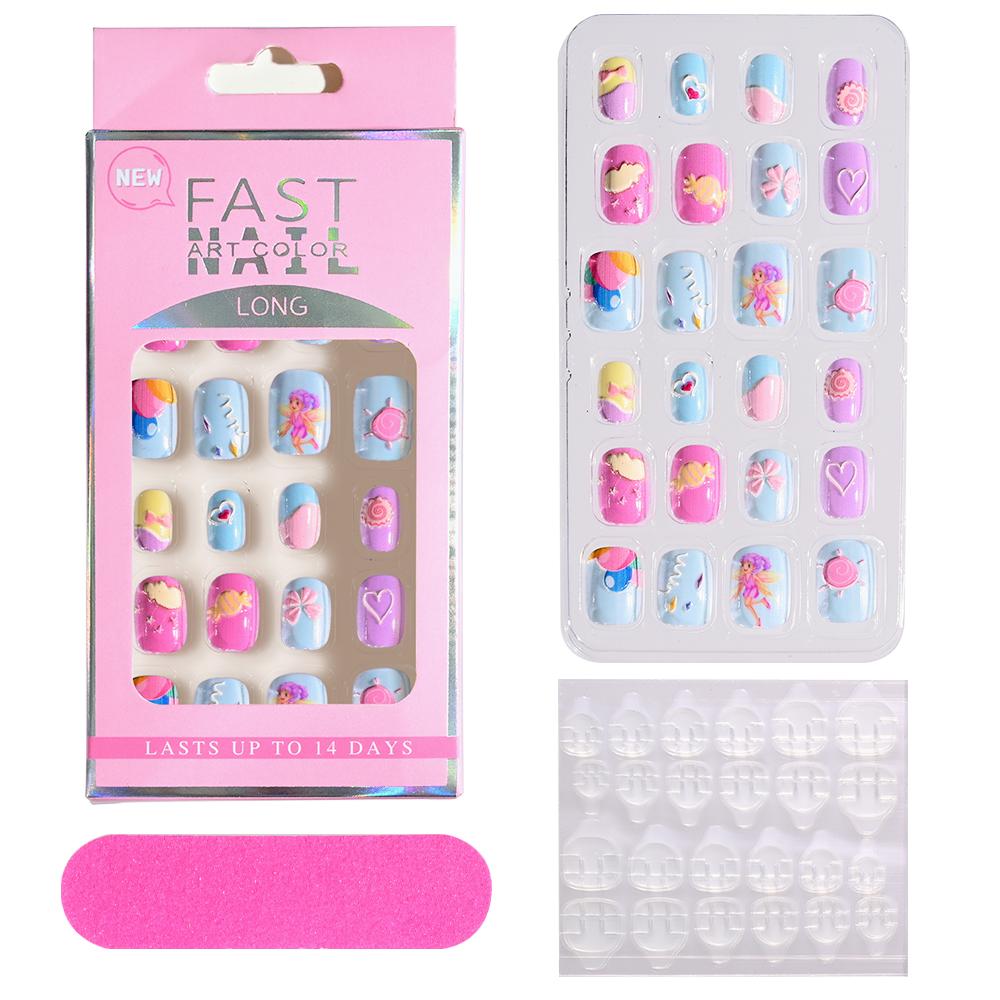 24pcs/box Candy Kids False Nail Cartoon Full Cover Press On Fake Nails Tips Kawaii Acrylic Artificial Fingernails for Girls
