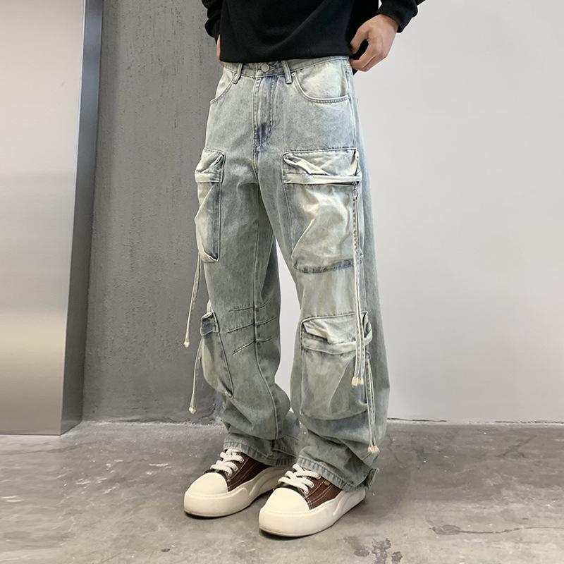 Mehrere Taschen Denim locker Street Herren und Damen Gerade Hosen Neu Echte Aufnahme Amerikanische High Street Workwear Denim Hosen