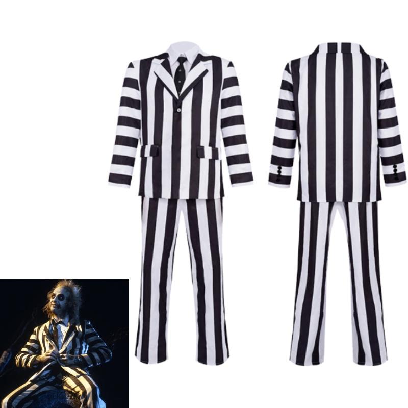 Costume Cosplay Beetlejuice Black And White Striped Suit Halloween Party Prop