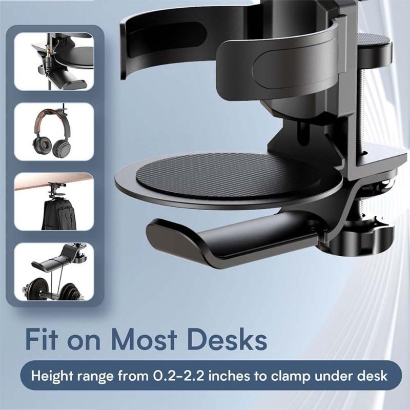 Solid Desk Headphone Mount 360Degree Swivels Headsets Hanger with Cup Holder Solid Aluminum Alloy Constructions