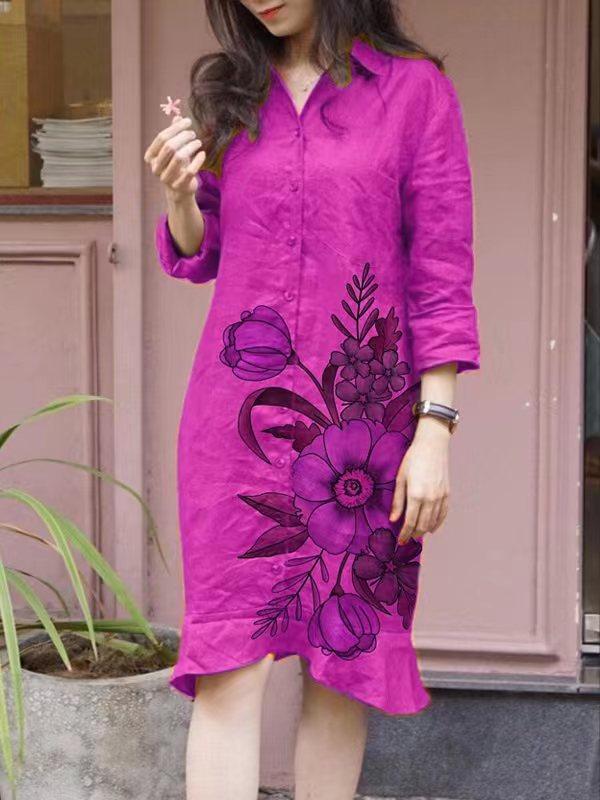 Amazon spring and summer fashion printed cardigan large size loose medium and long irregular long-sleeved lapel dress women S
