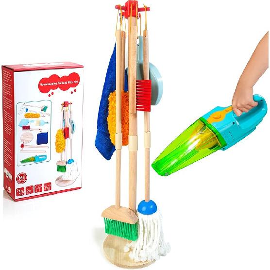 Kids Cleaning Set, 8 Pcs Wooden Housekeeping Play Set Includes Broom Mop Duster Dustpan Brushes Rag and Organizing Stand, Cleaning Toys Gift for