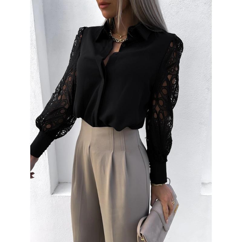 New Spring and Summer Women's Solid Color Lace Stitching Hollow Lapel Fashionable Shirt