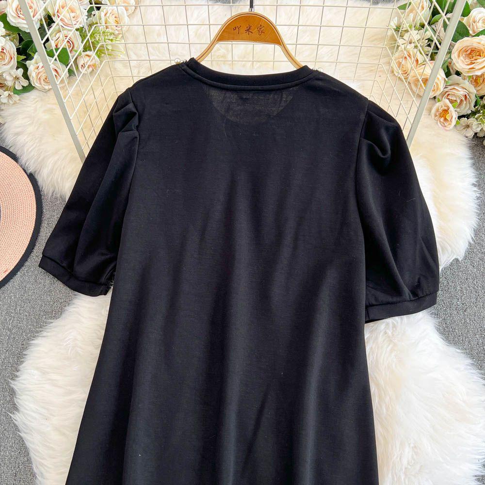 Summer Women Luxury Beading Pearl Black Half Sleeve Mini Short Straight Casual Dresses