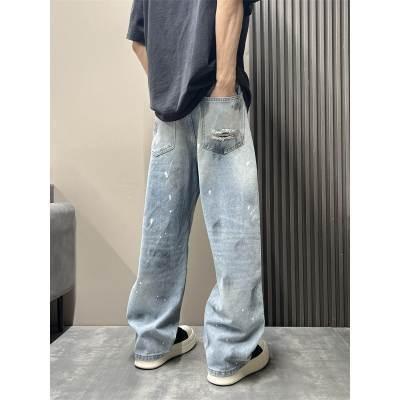 Ink splashing ripped straight loose wide-leg jeans men's spring and autumn trendy brand ruffian handsome American high street retro men's trousers