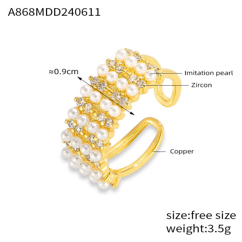 18K Gold-Plated Geometric Rhinestone Wide Band Ring with Pearl - Adjustable for Women Size 7