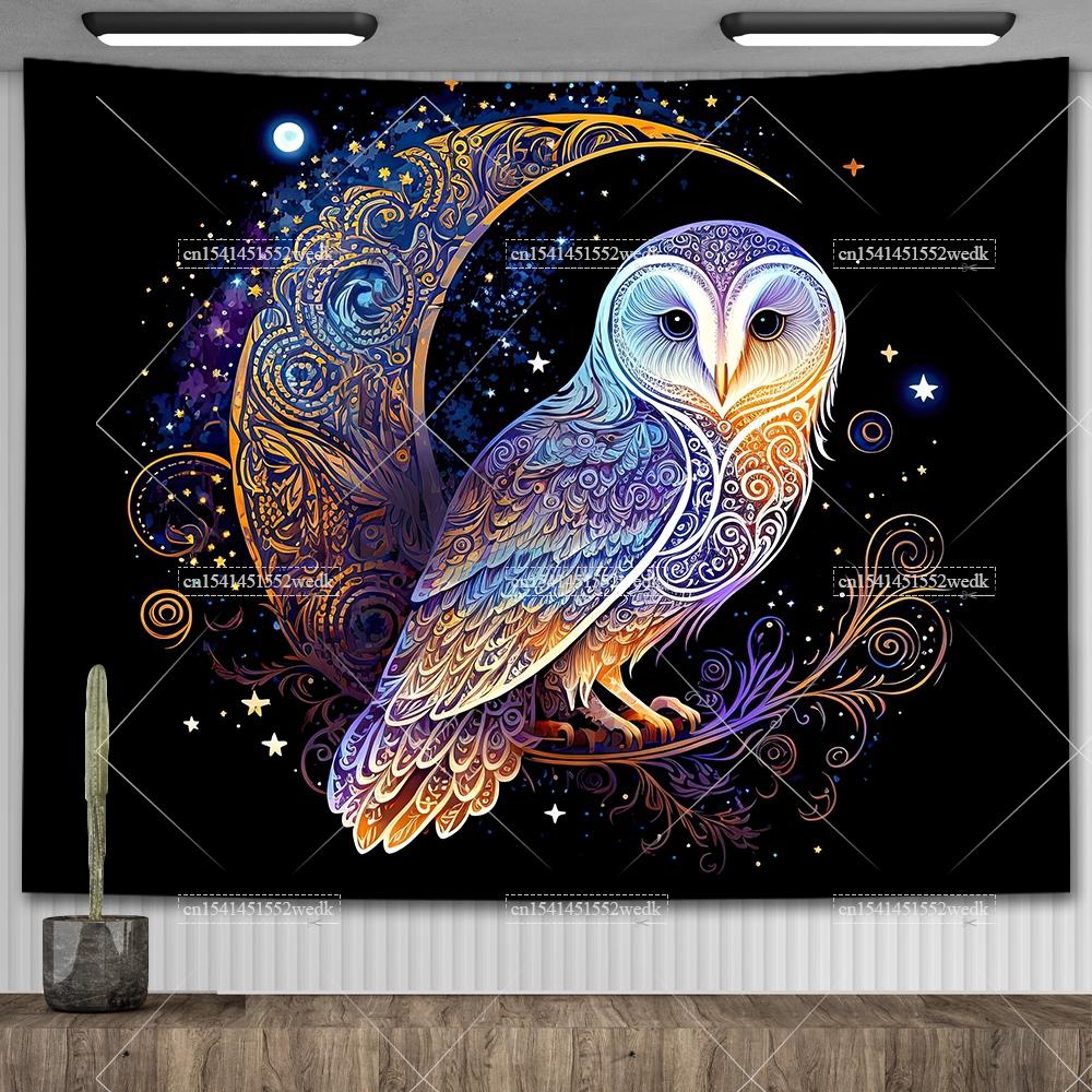 Lunar Sentinel Owl Tapestry Celestial Medieval Tapestrys Aesthetic Room Decor Witchy Occult Altar Cloth Tarot Background Cloths