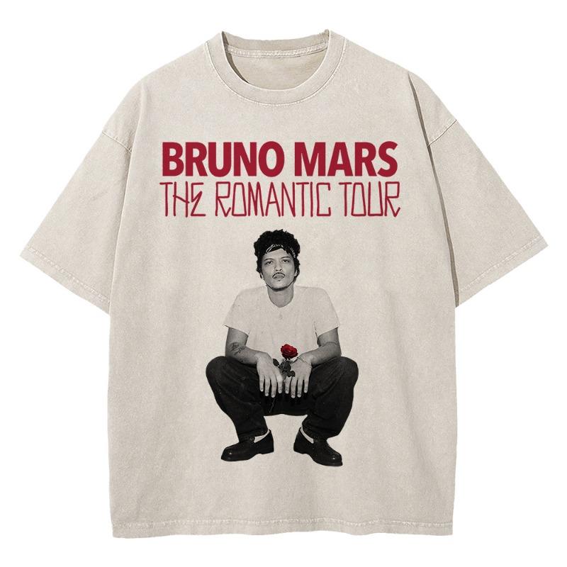 100% Cotton Vintage Washed Bruno Mars The Romantic Tour 2026 T Shirt Fashion Men/Women Retro Oversized Loose Acid Wash Tee Shirt