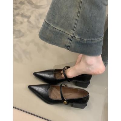 Sheepskin Version~ Genuine Leather French Pointed Head Shallow Mouth Single Shoes Women's Spring and Autumn Retro Camellia Mary Jane Small Leather