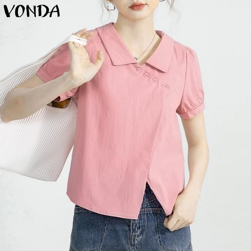 

VONDA Women Summer Lapel Neck Short Sleeve Irregular Splits Casual Blouse
