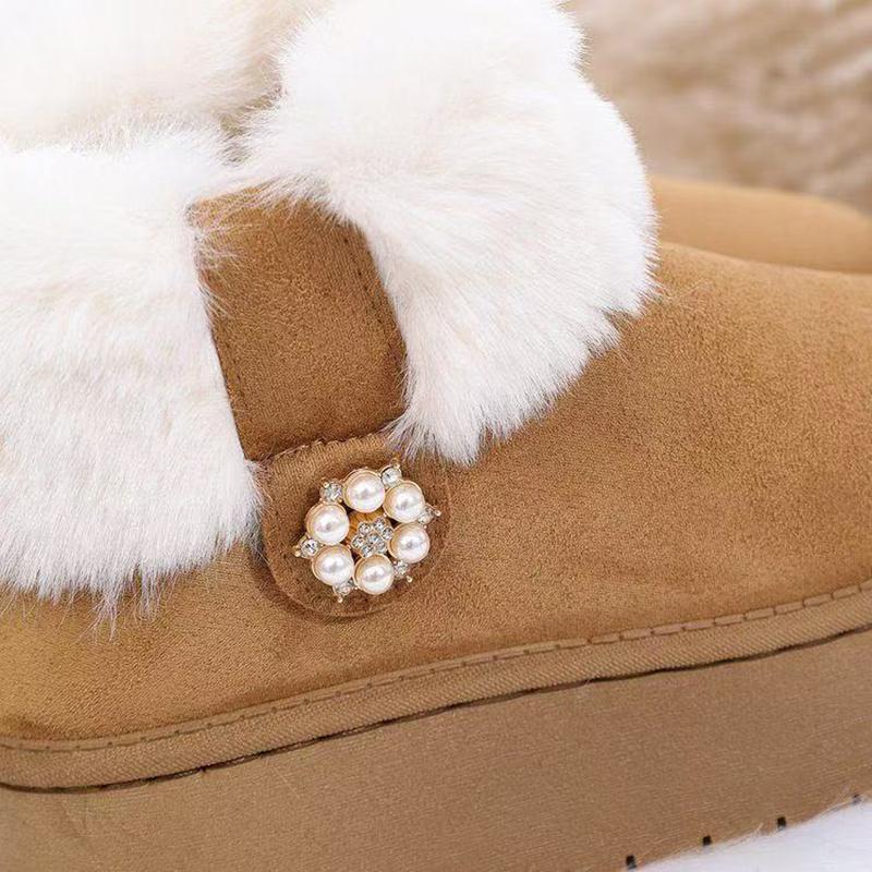 Furry Soft Thick Bottom Snow Boots Women 2025 Winter Warm Fluffy Fur Ankle Boots with Platform Pearl Decoration Designer Shoes