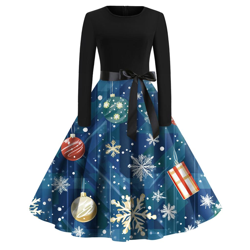 Women's Fashion Round Casual Slim Fit Christmas Print Large Swing Long Sleeve Dress