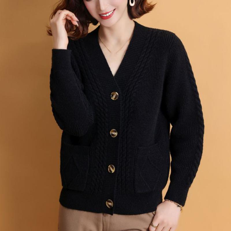 Cardigan Tricotado Decote V Outono Inverno Mulher Simples Manga Longa Torcido Camisolas Mulher Combinação Total Cardigans Abotoamento Simples Senhoras