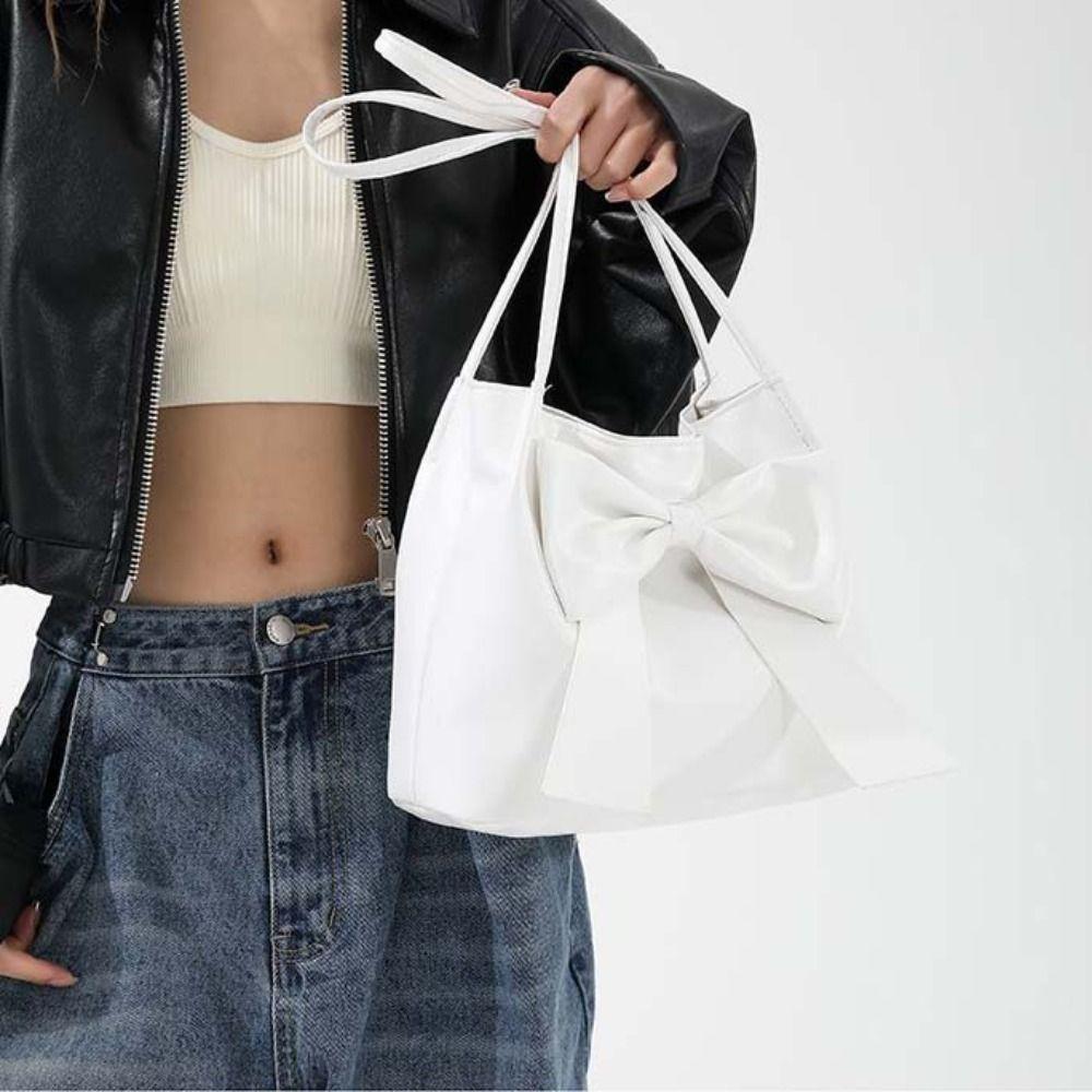 Korean Style PU Bow Shoulder Bag Solid Color Fashion Underarm Bag Elegant INS Tote Bag  Children