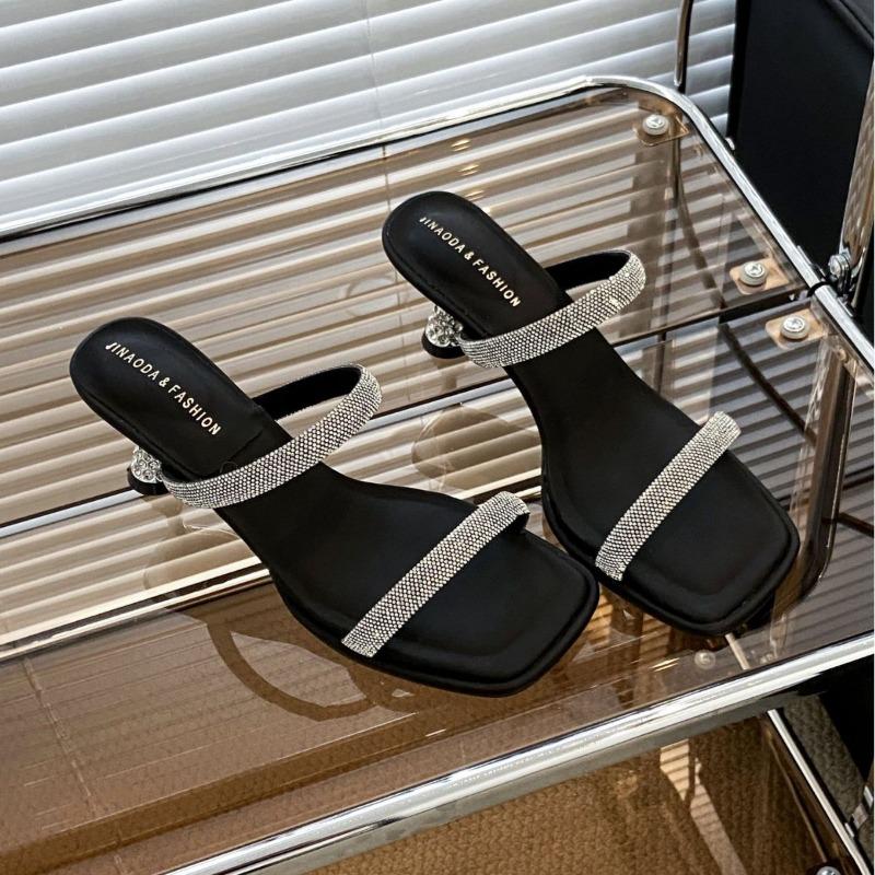 Fashion 2025 New Fashionable Women's Open-Toe Thick Heel Slide Sandals Korean Style Crystal High Heel Square Head Slip-On Summer Shoes