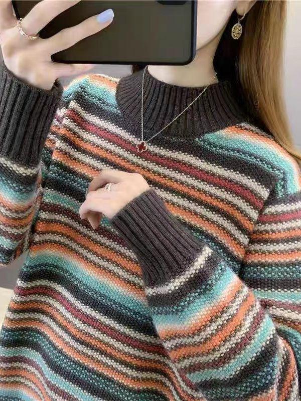 Women's 2023 Striped Wool Knit Sweater - Half-High Neck, Long Sleeve, Slim Fit, Thick for Autumn/Winter