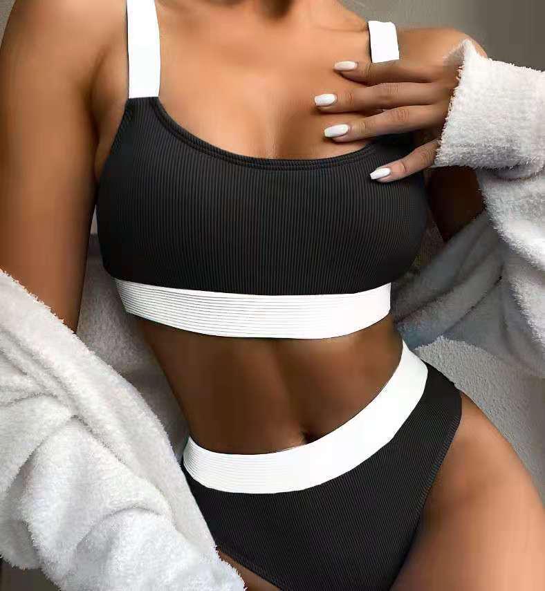 European and American Style High-Waisted Solid Color Bikini Swimsuit for Women