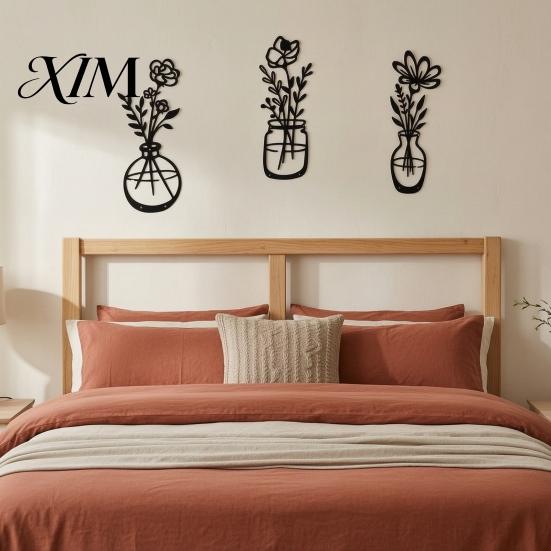Entryway Corridor Decor 3Pcs Black Metal Flower Wall Decor, Rustic Farmhouse Boho Art, Vase Floral Hanging for Bathroom Kitchen Living Room