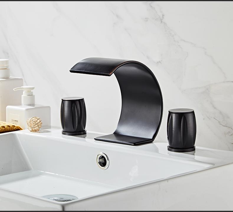 

Basin Faucet Bathroom Widespread Three Holes 8 Inch Brass Sink Mixer Tap Gold Black Basin Waterfall Sink Mixer crane чёрный
