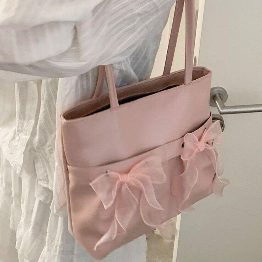 Fashion Solid Color Lace Bow Tote Bag Large Capacity Temperament Underarm Shoulder Bag Popular Trendy Commuting Bag Ladies