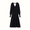 Women's Cashmere V-Neck Ribbed Waist Long Dress - Autumn/Winter Collection