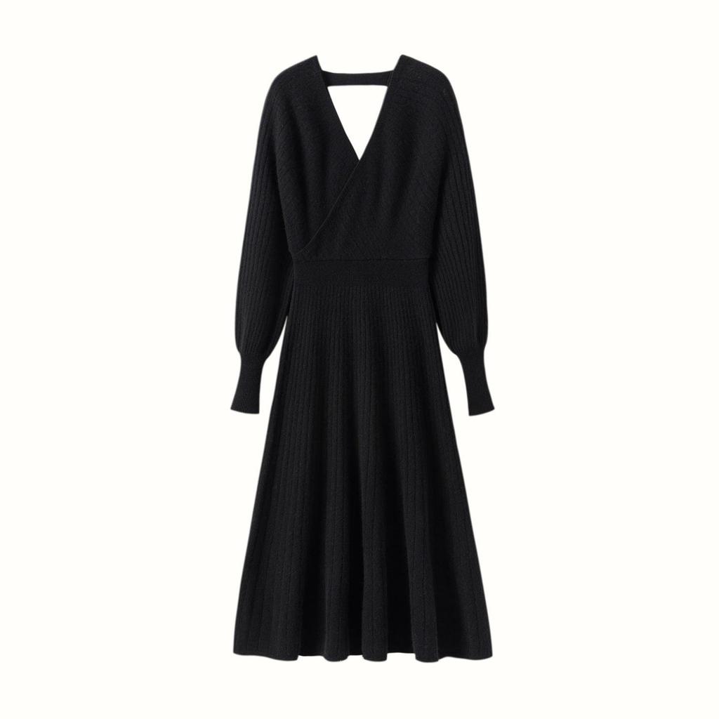 Women's Cashmere V-Neck Ribbed Waist Long Dress - Autumn/Winter Collection