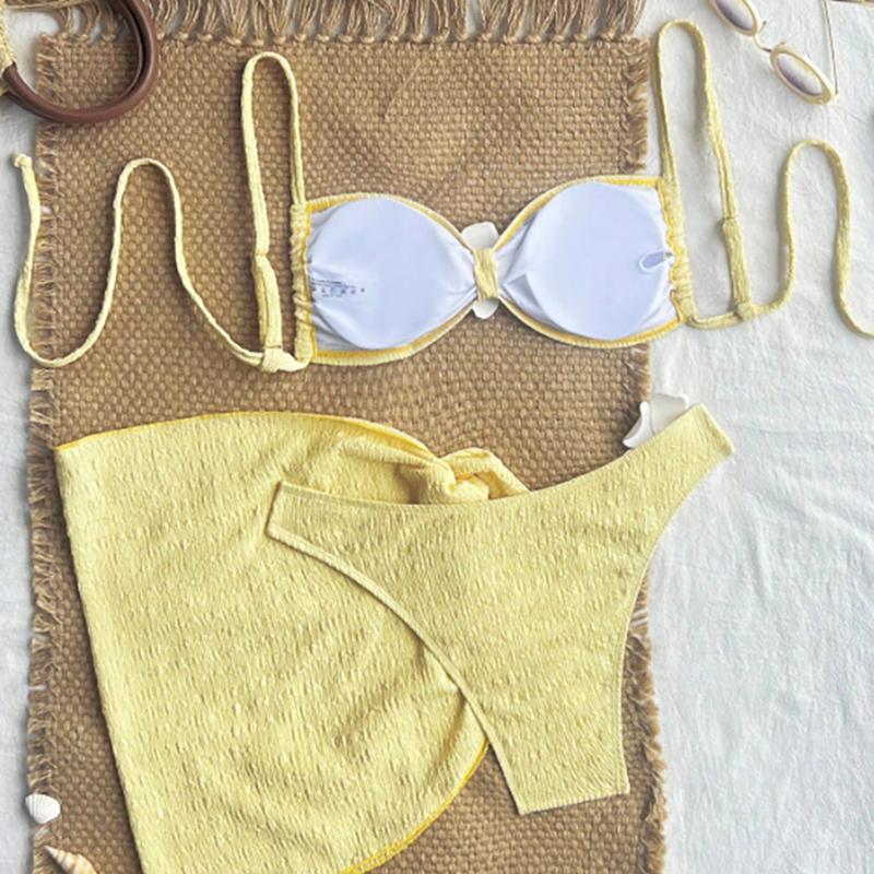 Sexy Gelbes 3D-Blumen-Bikini-Set Damen Falten Push-Up High Waist Badeanzug Strandbadeanzug Cover-Up 3-teilige Badebekleidung
