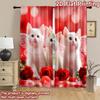 2D Flat Printing 2pcs Curtains Cute White Kittens Red Roses Digital Printed Polyester Drapes Family Party Decoration Use for