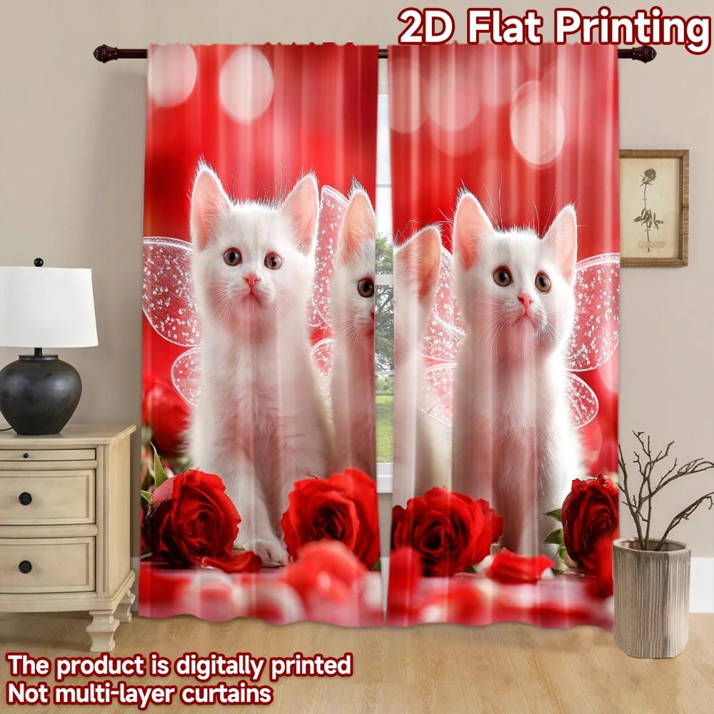 2D Flat Printing 2pcs Curtains Cute White Kittens Red Roses Digital Printed Polyester Drapes Family Party Decoration Use for