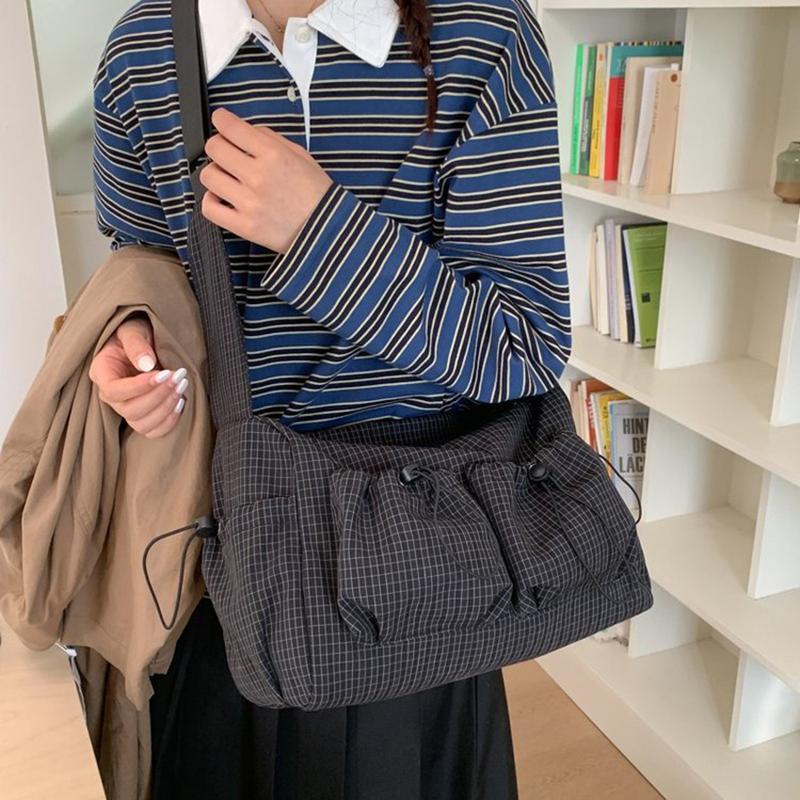Stylish Plaid Shoulder Bag Korean Minimalist Tote Bag Casual Pleated Adjustable Crossbody Bag Zipper Handbag Fashi Canvas Bag