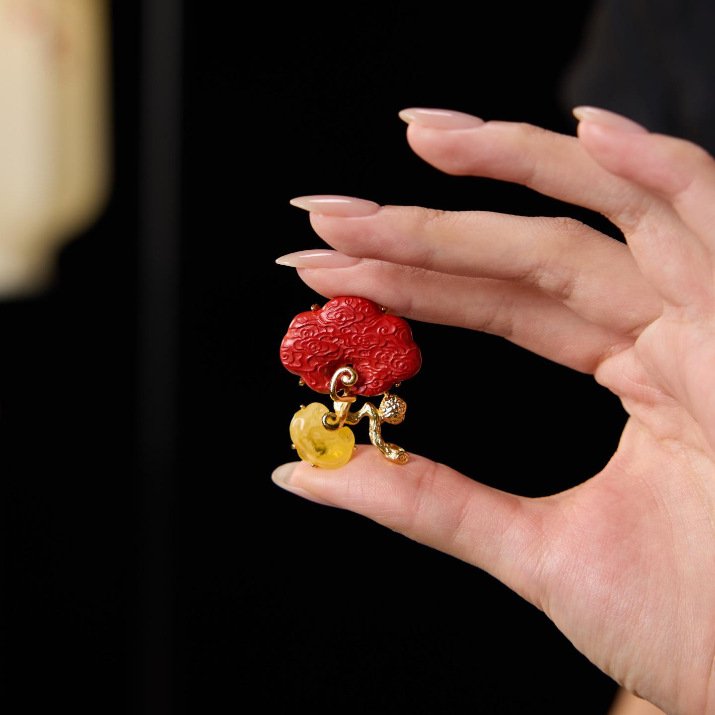

Chinese Style Cinnabar Amber Brooch - Wish Come True Corsage for Festive Occasions
