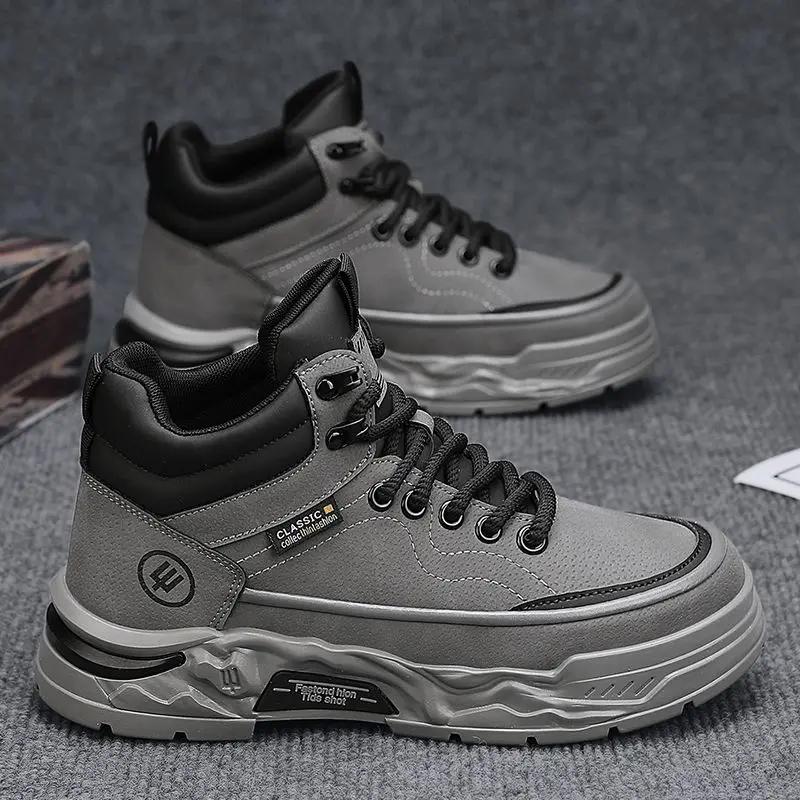 Height Increasing Sporty Men‘s Boots Spring Autumn Outdoor Casual Thick Sole High Top Durable British Vintage Youth Work Shoes