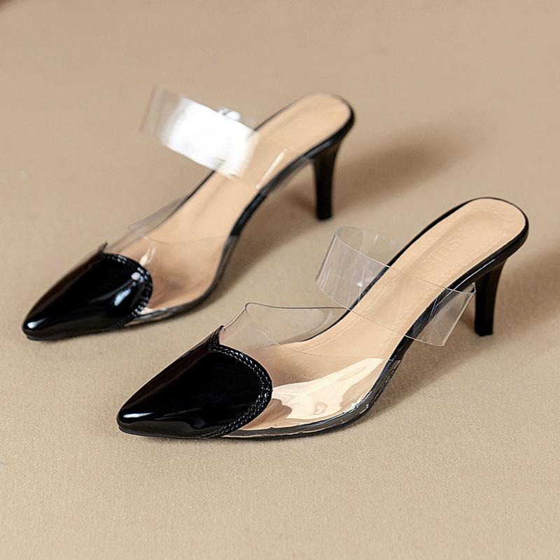 Fashion Pointed Toe Slippers High Heeled Summer Shoes Transparent PVC Slides Outside Wearing Slip On Black White Red