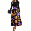 Women's Fashion Casual Belted Long Sleeve Round Neck Halloween Printed Elegant Temperament Dresses