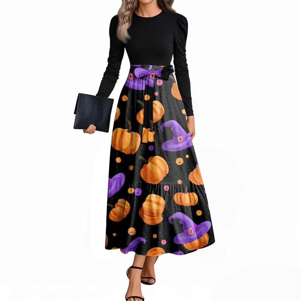 Women's Fashion Casual Belted Long Sleeve Round Neck Halloween Printed Elegant Temperament Dresses