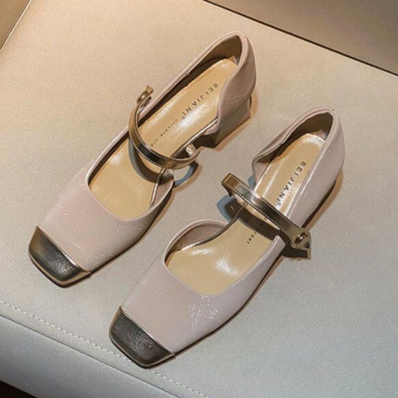 Women's Thick Heel Shoes Spring New Square Head Shallow Mouth Splicing A Word Buckle Waterproof Non-slip Low-top Shoes