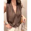 Hong Kong style retro high-end brown V-neck linen knitted vest women's summer thin outer wear sleeveless temperament top